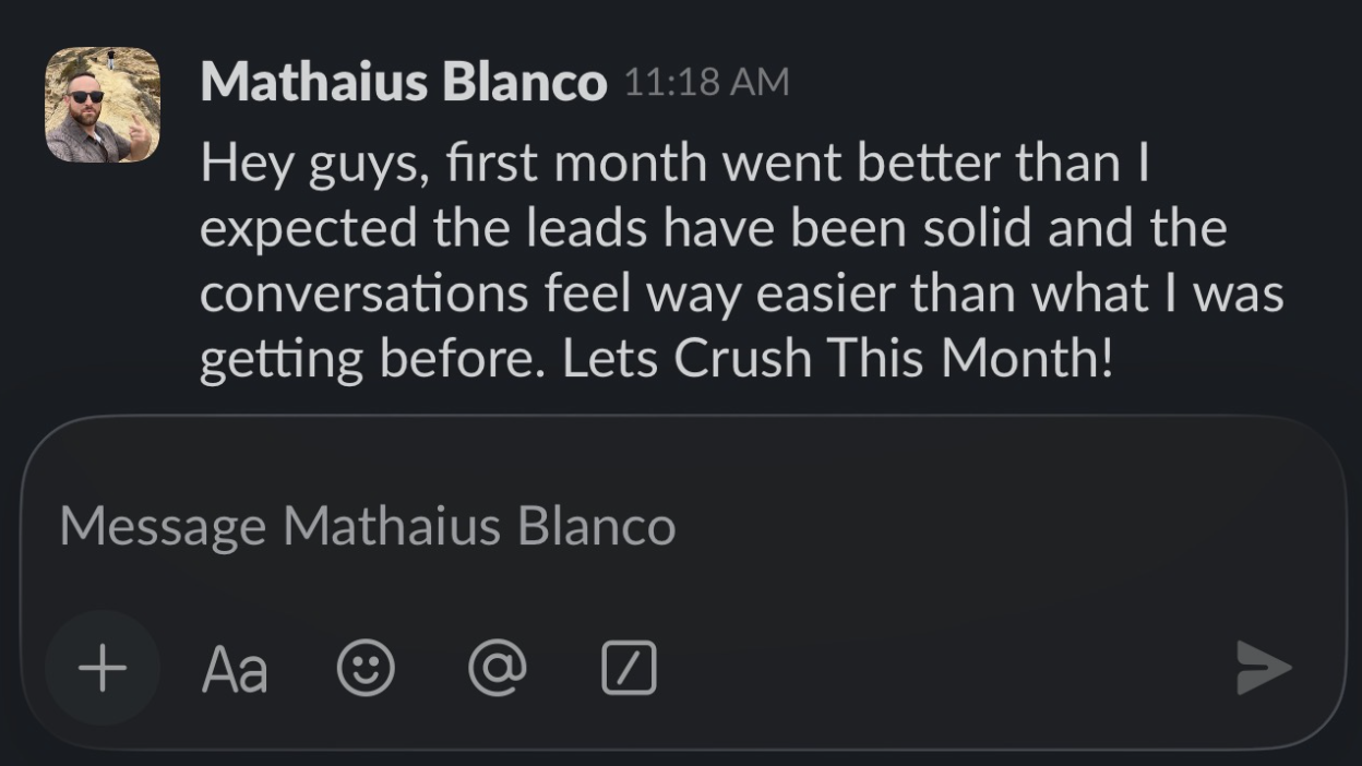 Slack message from a client praising their results