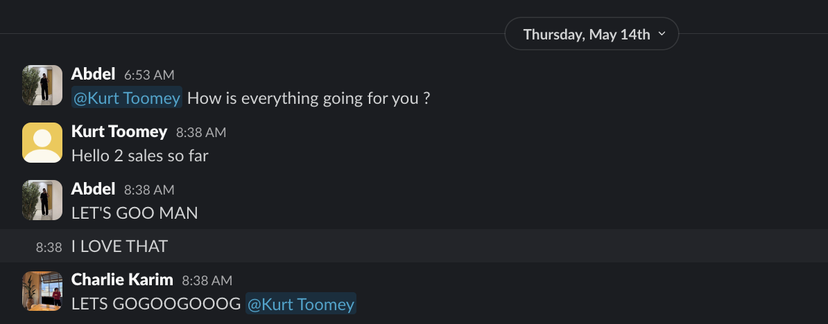Slack conversation between clients discussing sales