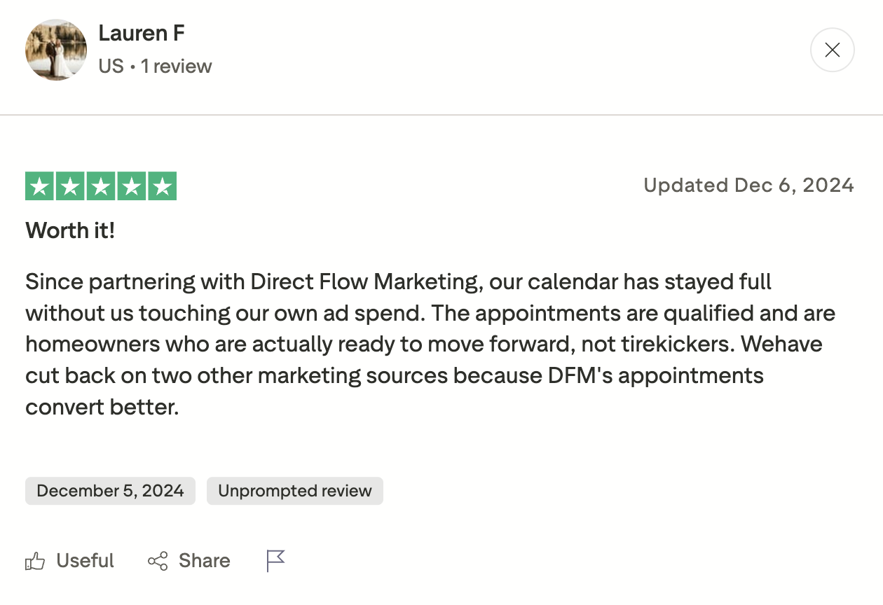 Trustpilot review from a Direct Flow Marketing client