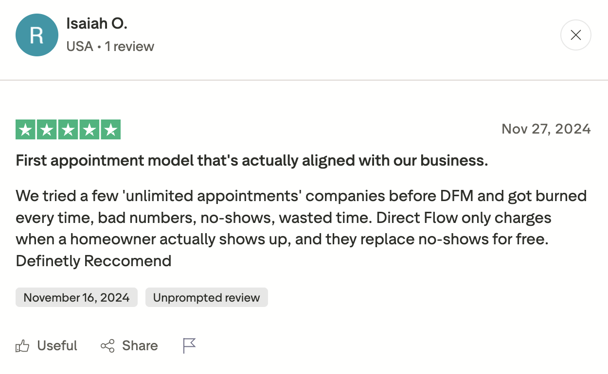Trustpilot review from a Direct Flow Marketing client